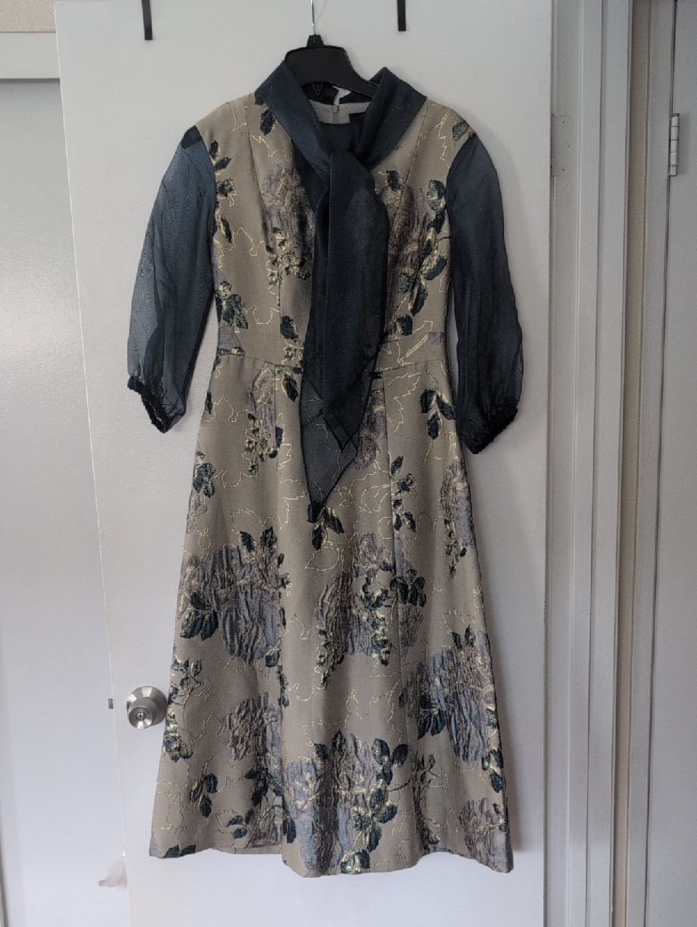 St. John Light and Dark Green Metallic Floral Midi Dress with Sheer Sleeves